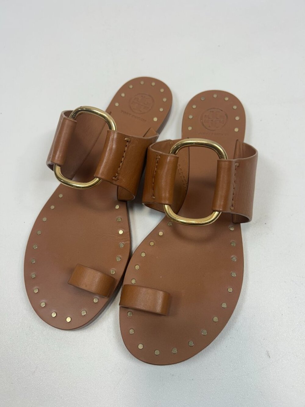 TORY BURCH Amaretto Jessa Ravello Studded Toe Ring Sandals Horsehead Gold Sz7.5